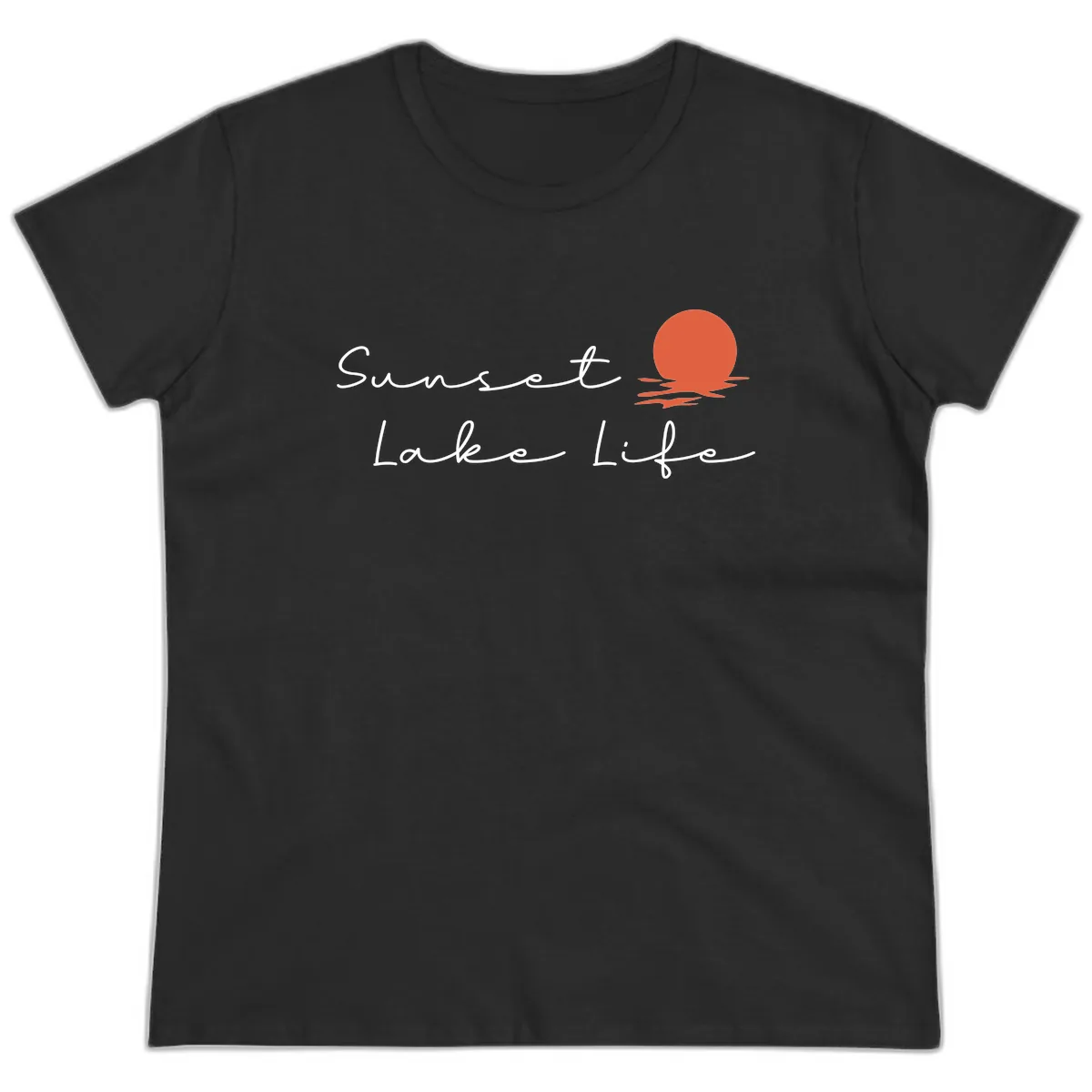 Sunset Lake Life Script Design Ladies Tee in Black