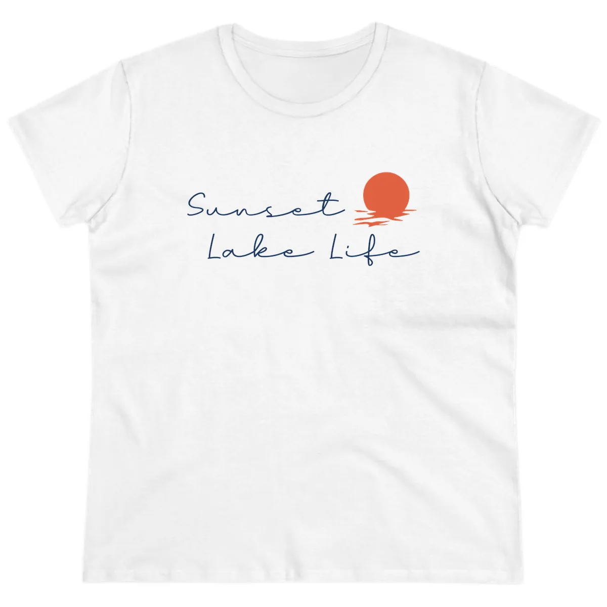 Sunset Lake Life Script Design Ladies Tee in White