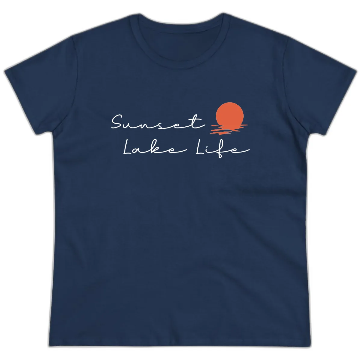 Sunset Lake Life Script Design Ladies Tee in Navy