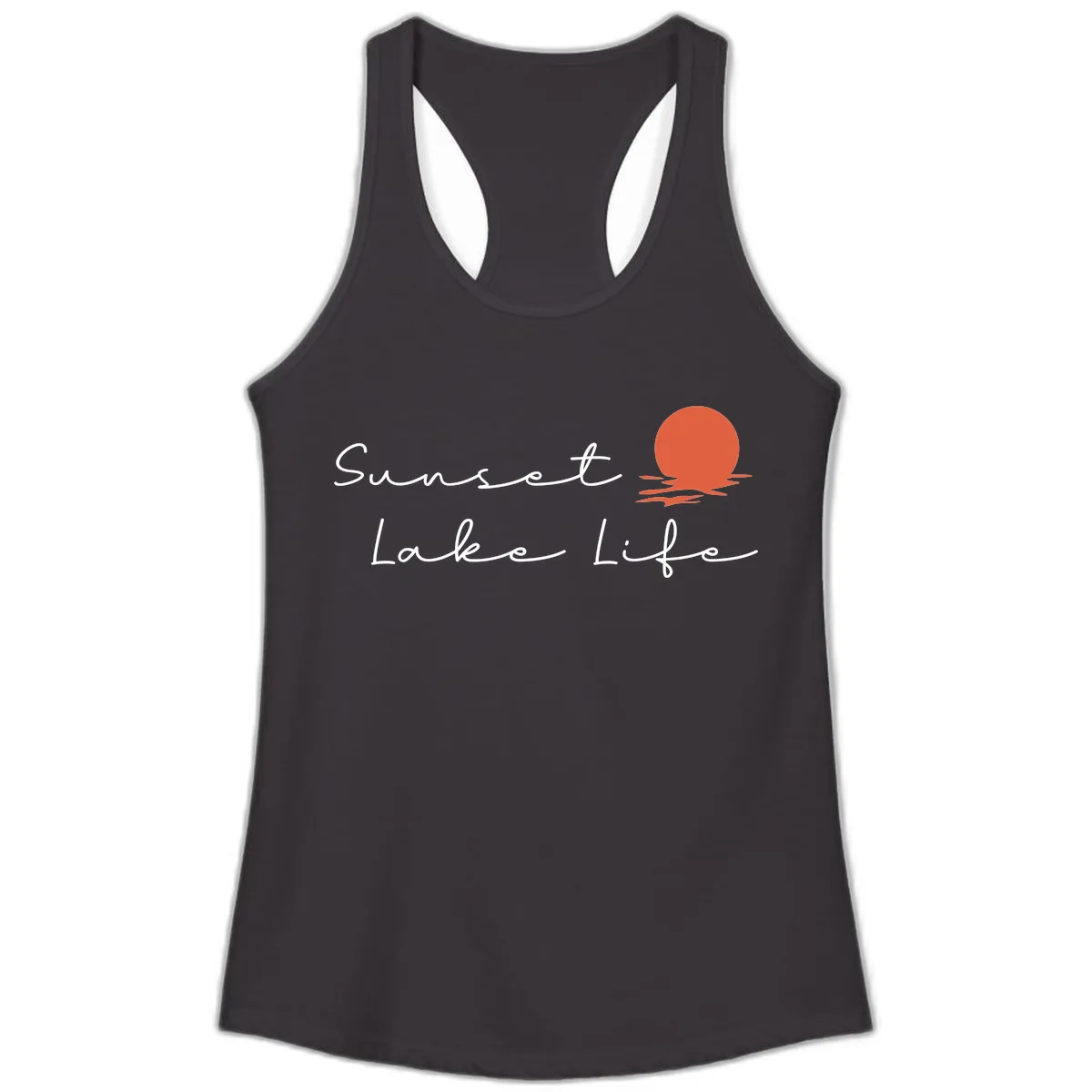 Sunset Lake Life Script Design Ladies Tank in Black