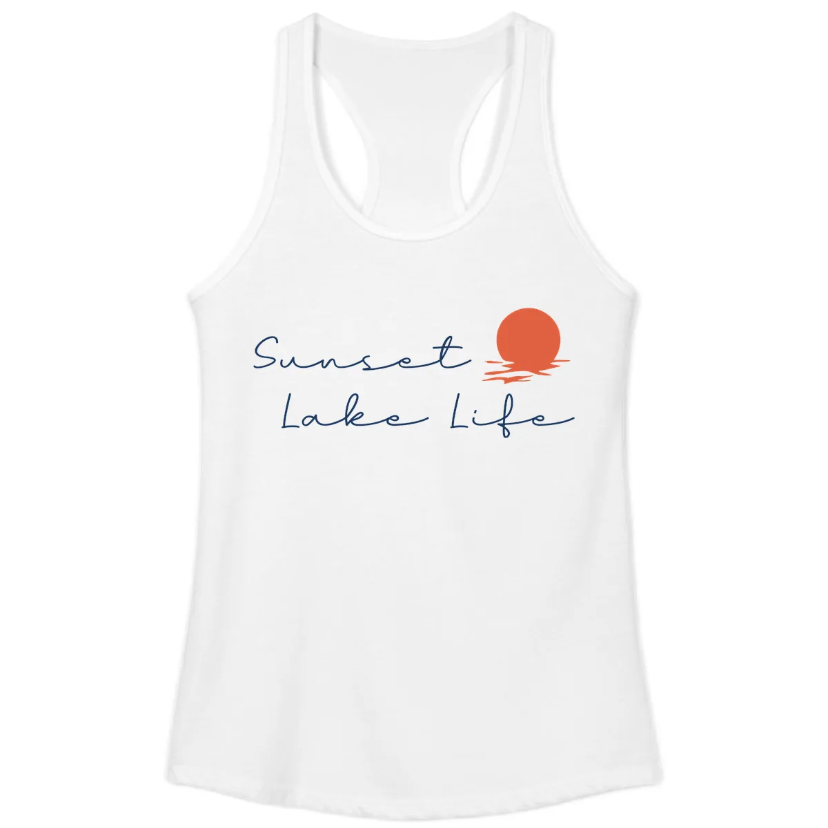 Sunset Lake Life Script Design Ladies Tank in White