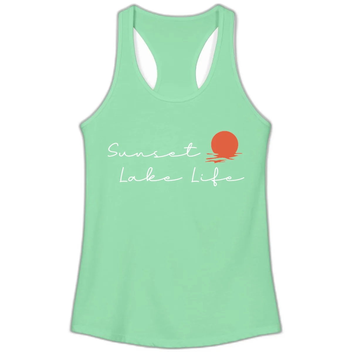Sunset Lake Life Script Design Ladies Tank in Solid Mint