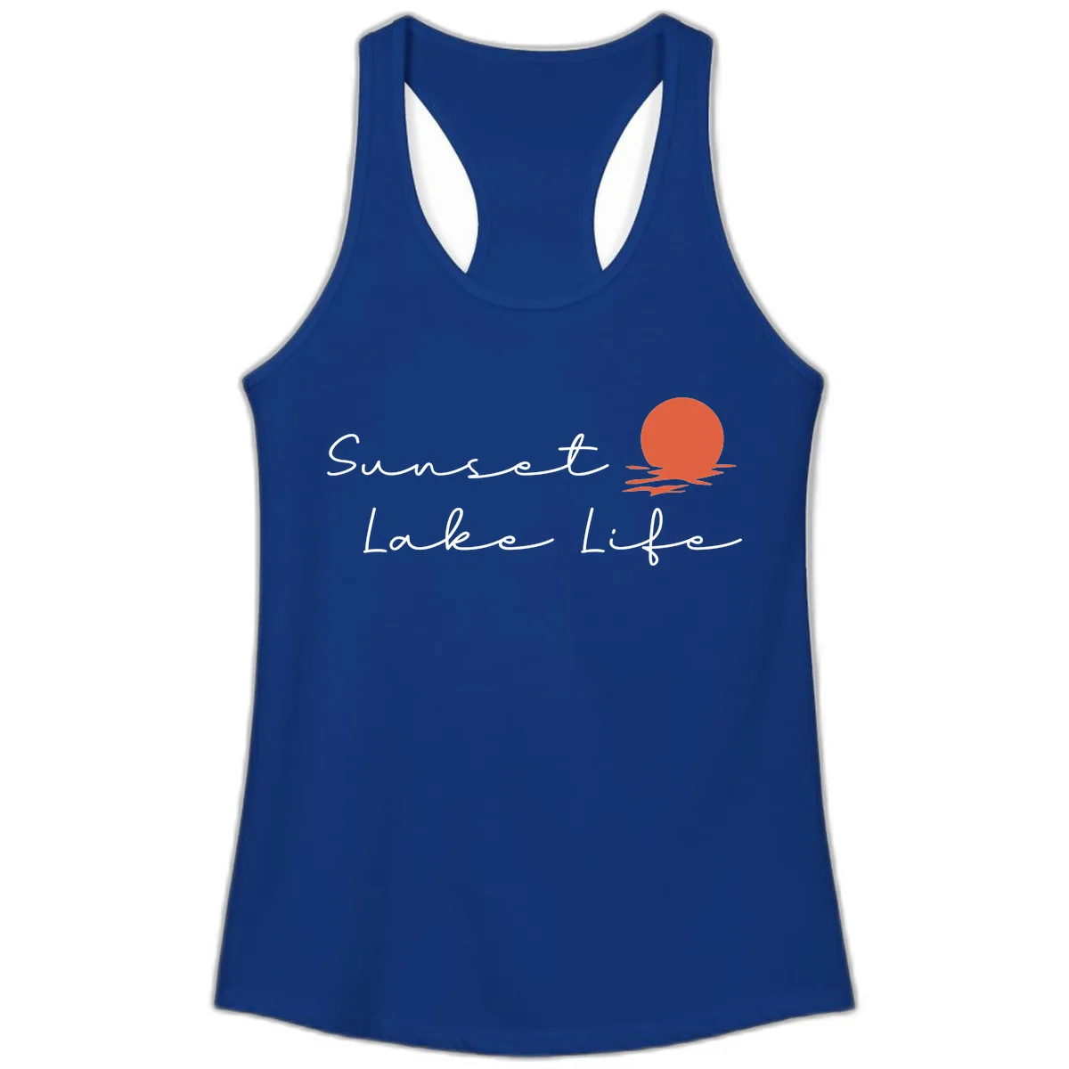 Sunset Lake Life Script Design Ladies Tank in Solid Royal