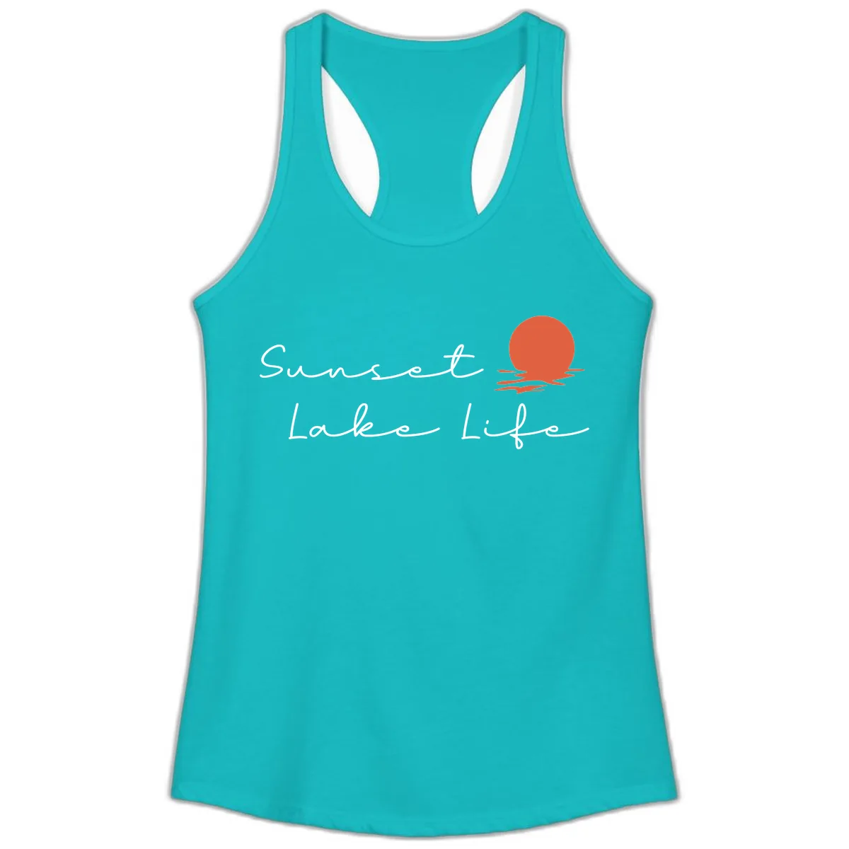 Sunset Lake Life Script Design Ladies Tank in Tahiti Blue