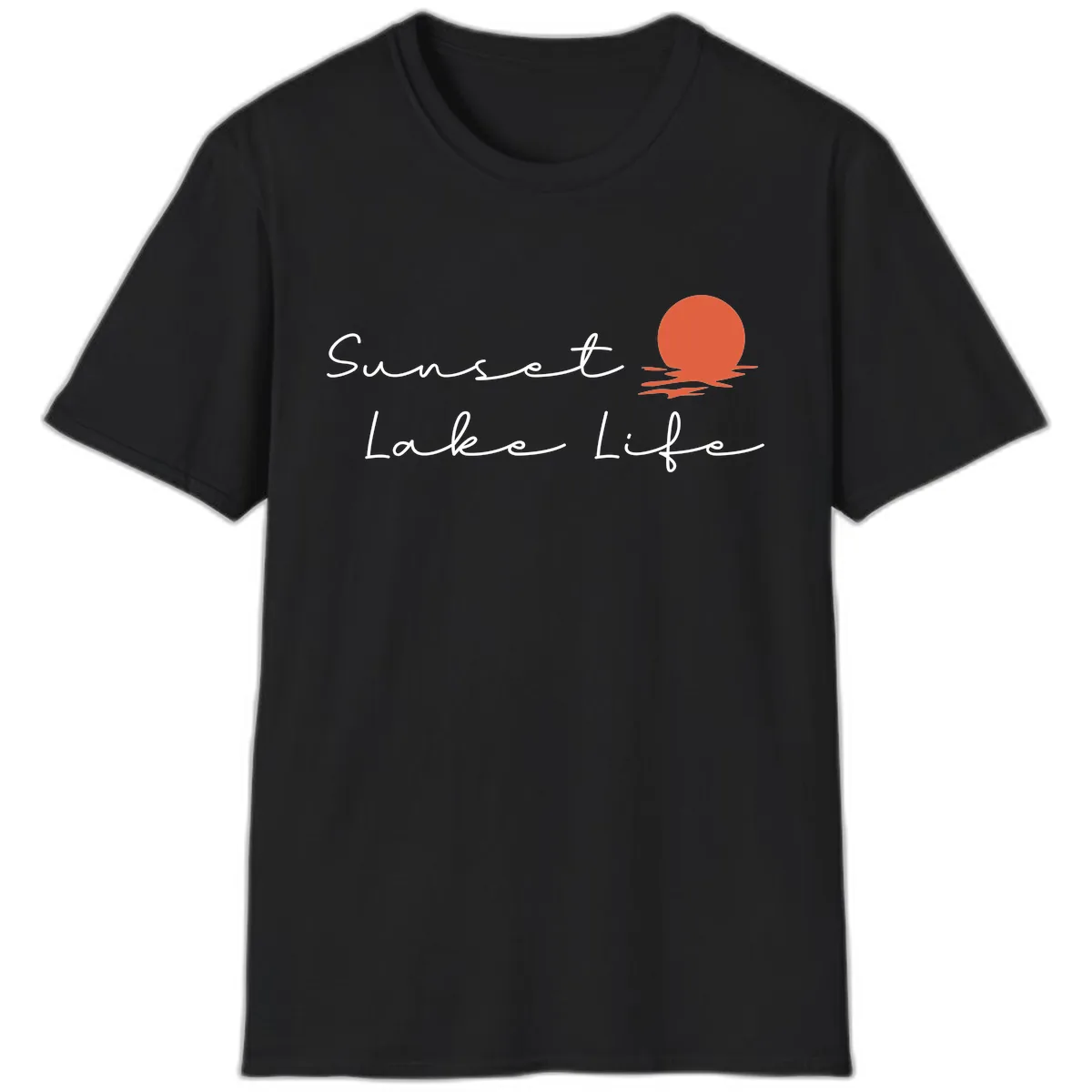 Sunset Lake Life Script Design T-Shirt in Black