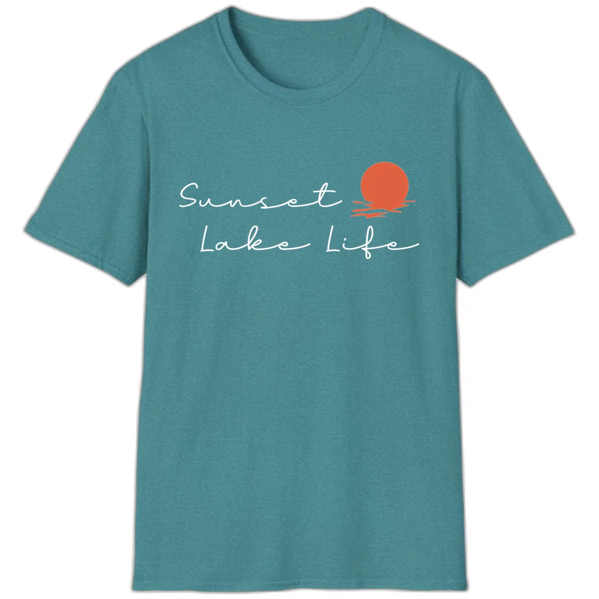 Sunset Lake Life Script Design T-Shirt in Heather Galapagos Blue