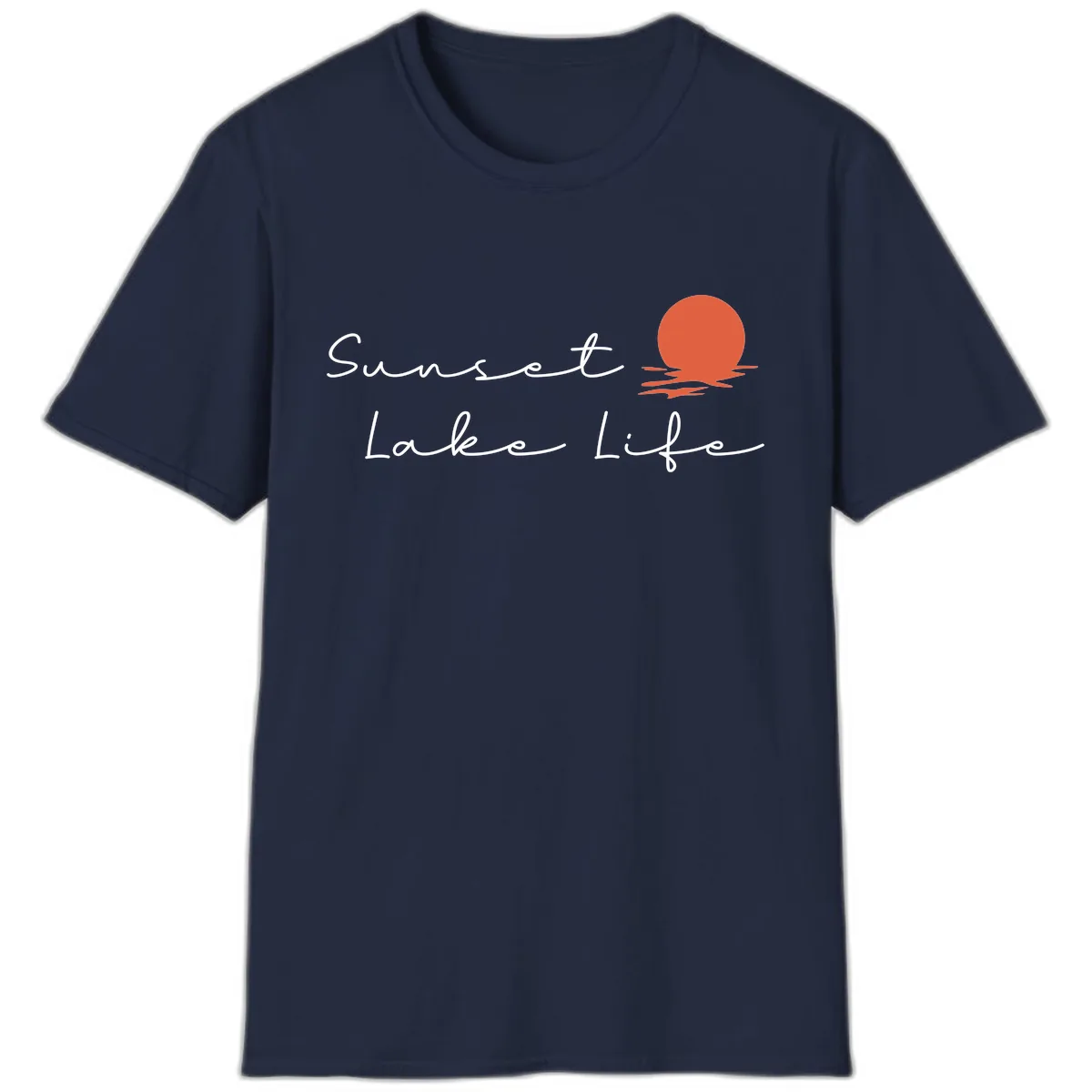 Sunset Lake Life Script Design T-Shirt in Navy
