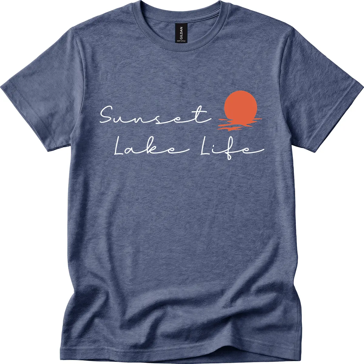 Sunset Lake Life Script Design T-Shirt in Heather Navy