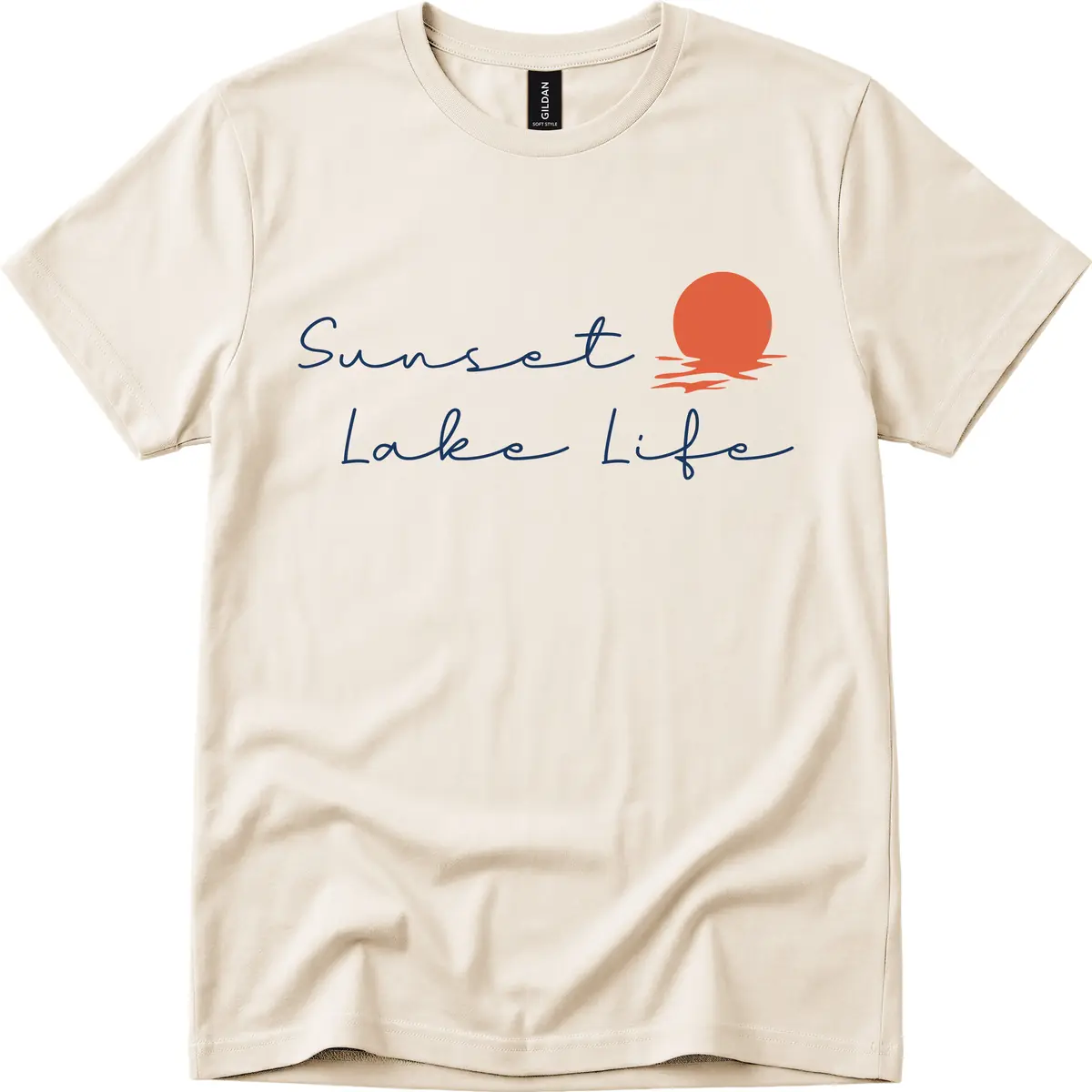 Sunset Lake Life Script Design T-Shirt in Natural