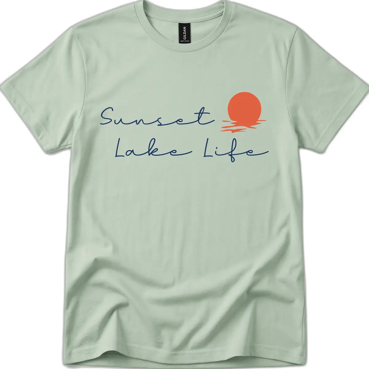 Sunset Lake Life Script Design T-Shirt in Sage