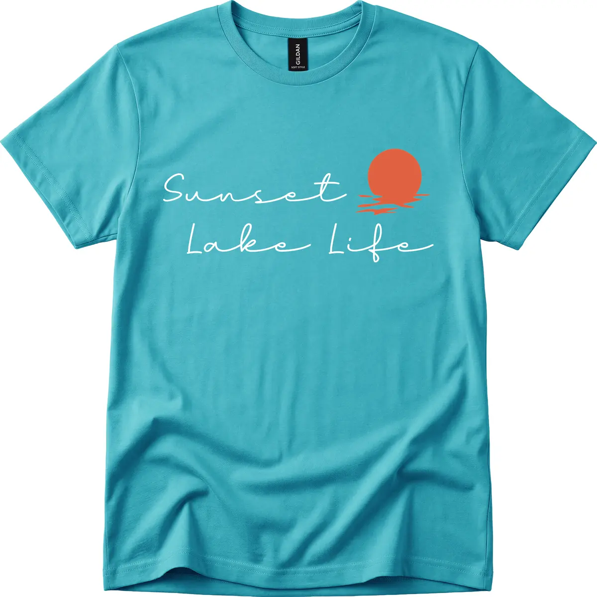 Sunset Lake Life Script Design T-Shirt in Tropical Blue