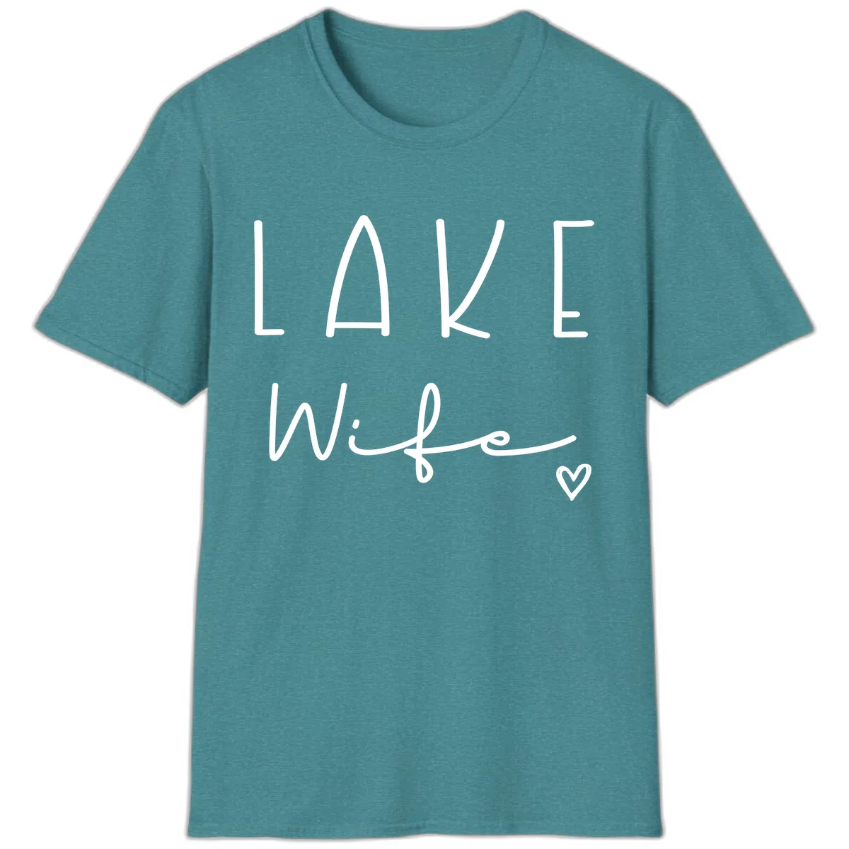 Lake Wife Typography Design T-Shirt in Heather Galapagos Blue