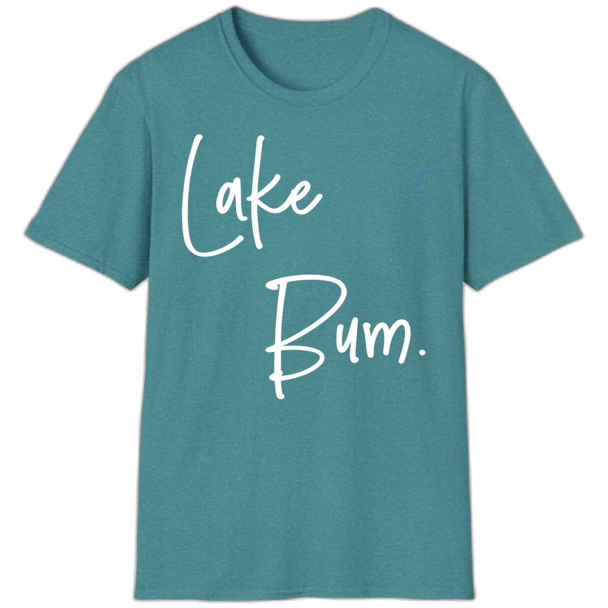 Lake Bum Script Design T-Shirt in Heather Galapagos Blue