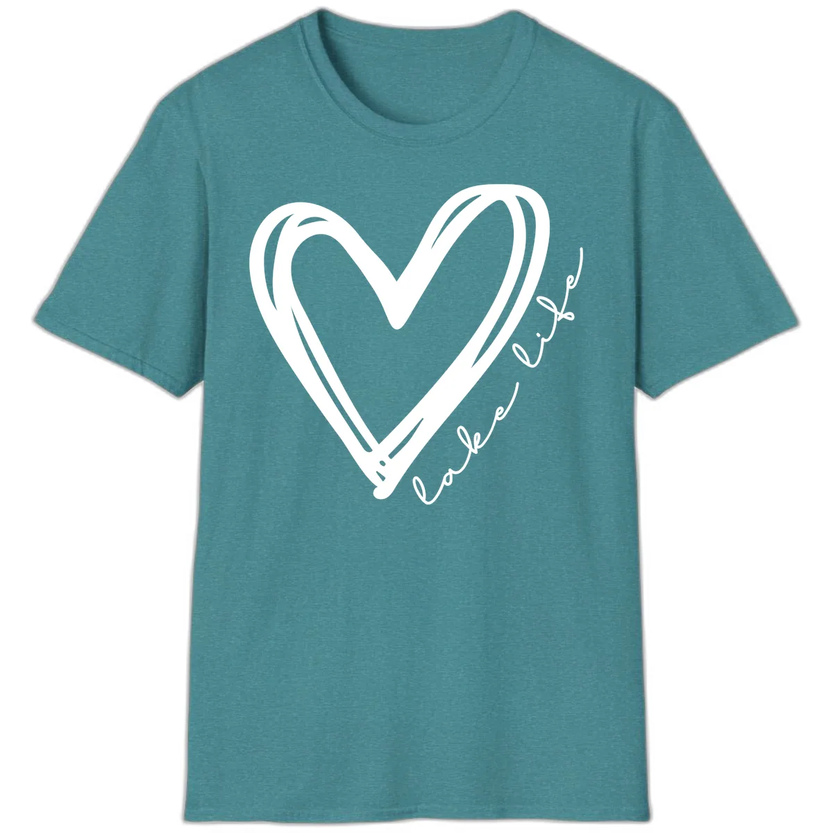 Lake Life Heart Design T-Shirt in Heather Galapagos Blue