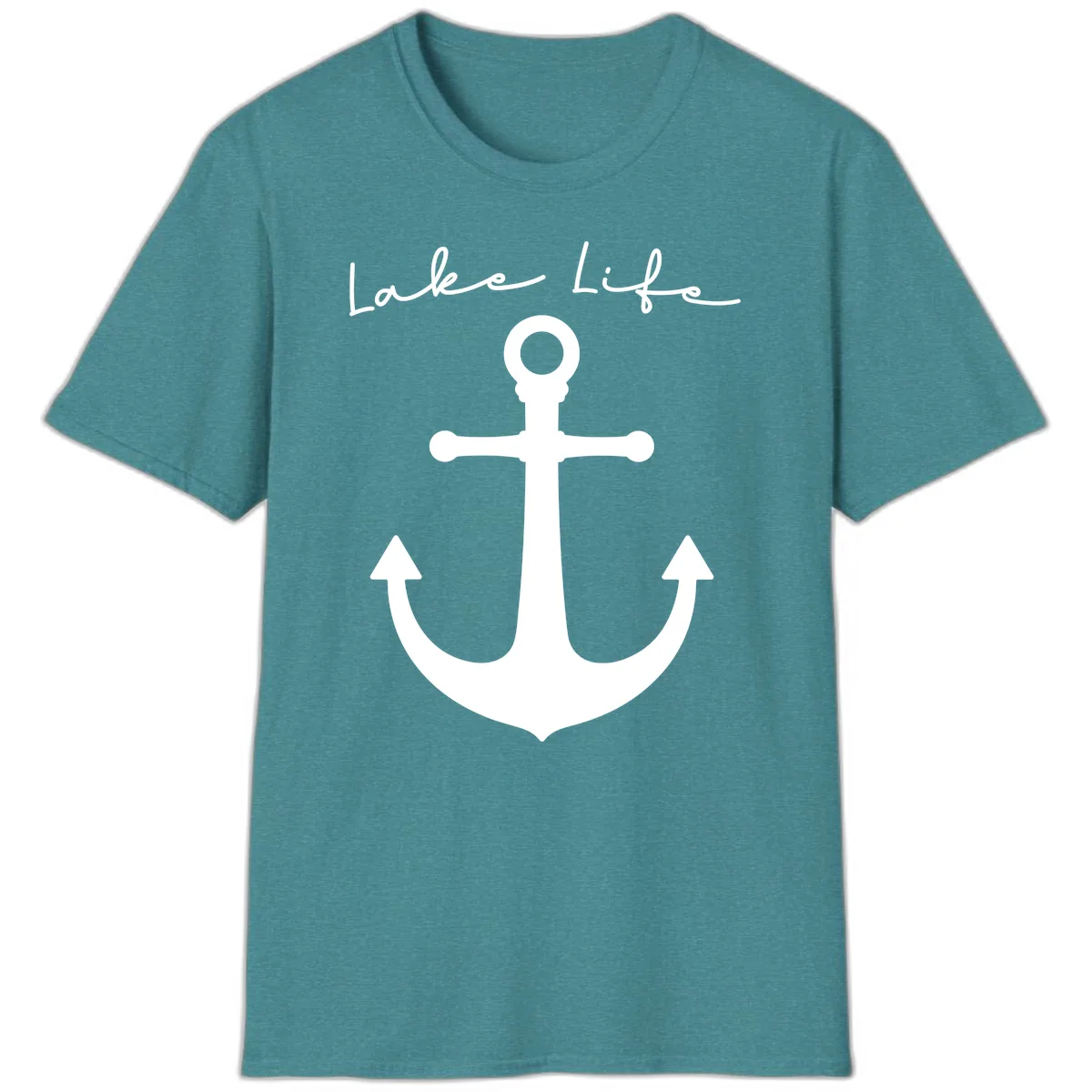 Lake Life Anchor Design T-Shirt in Heather Galapagos Blue