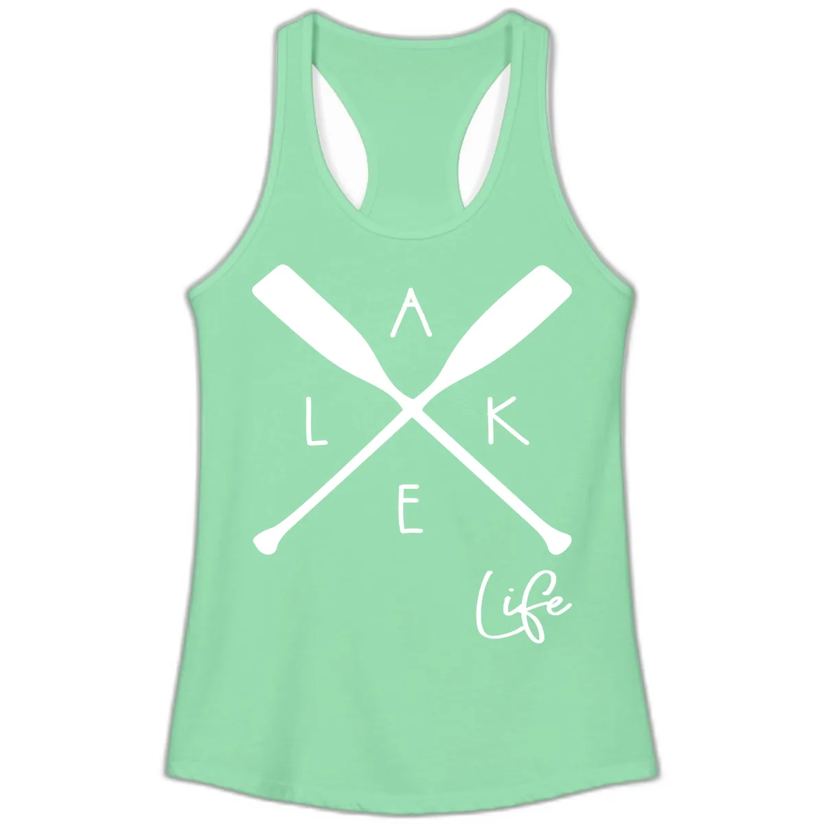 Lake Life Crossed Oars Design Ladies Tank in Solid Mint
