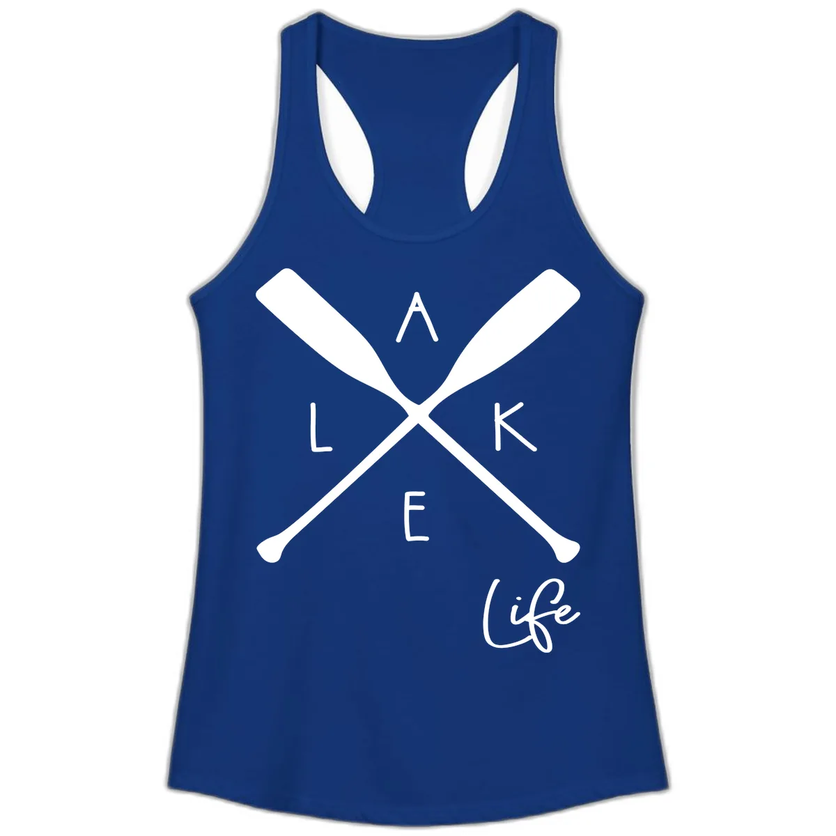 Lake Life Crossed Oars Design Ladies Tank in Solid Royal