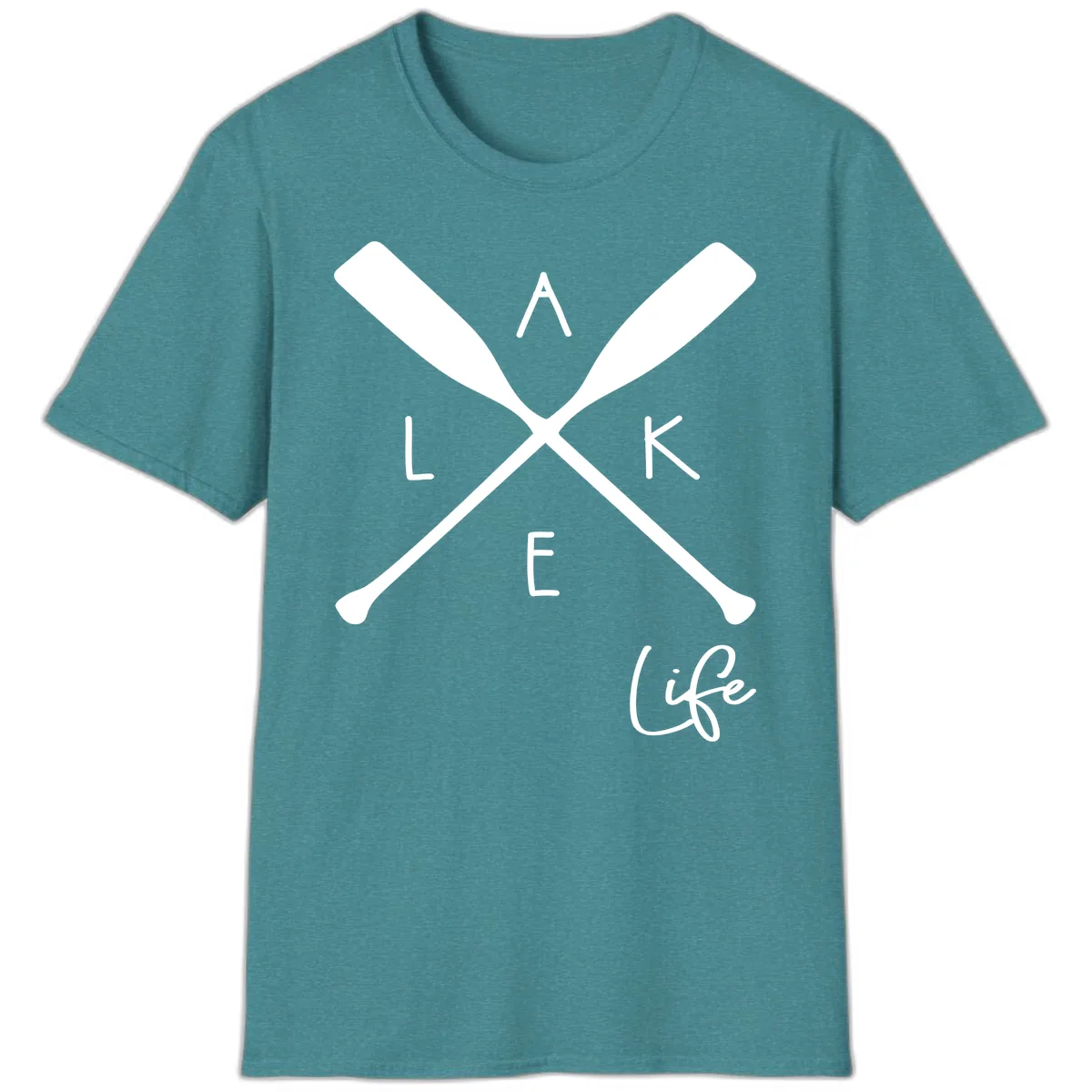 Lake Life Crossed Oars Design T-Shirt in Heather Galapagos Blue