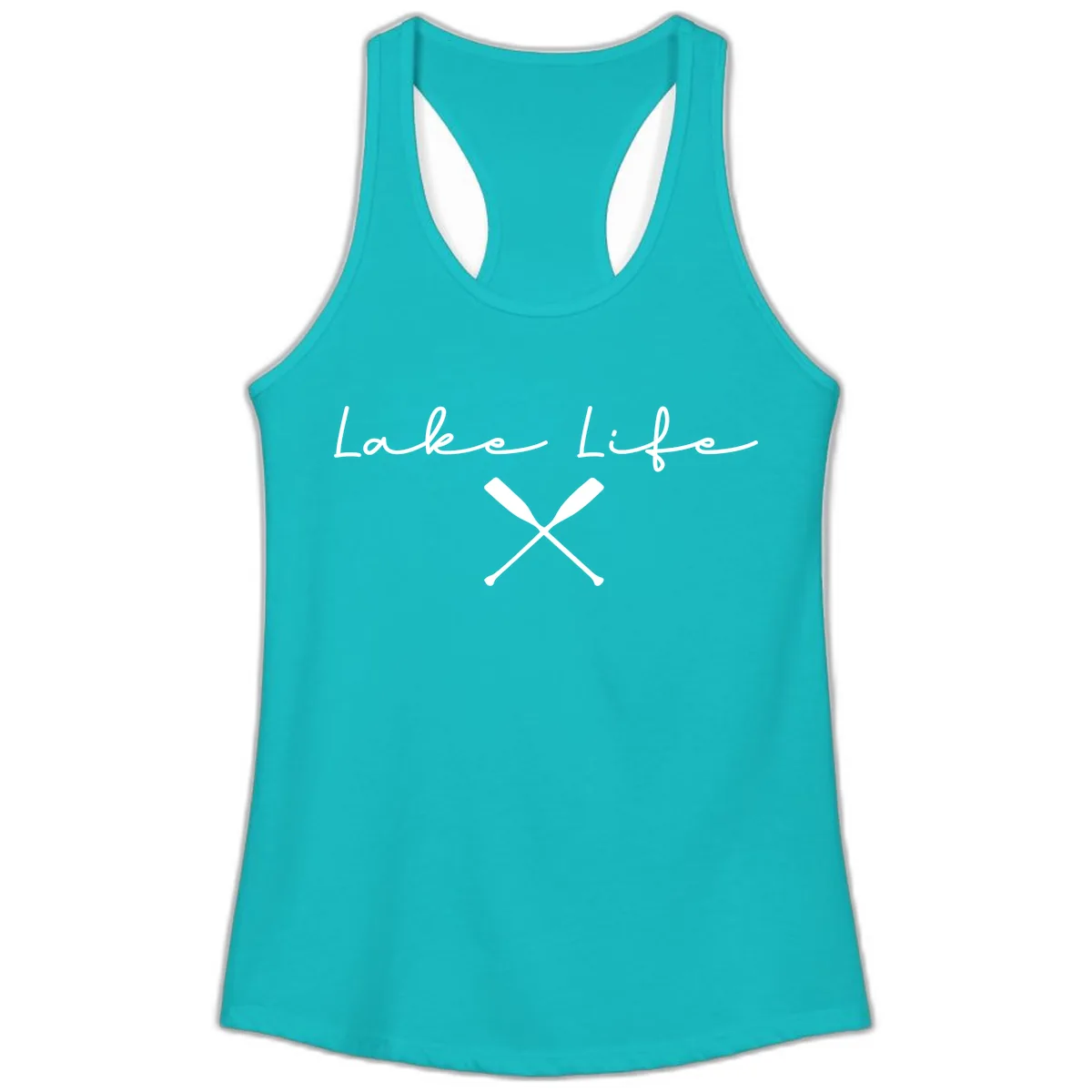 Lake Life With Oars Design Ladies Tank in Tahiti Blue