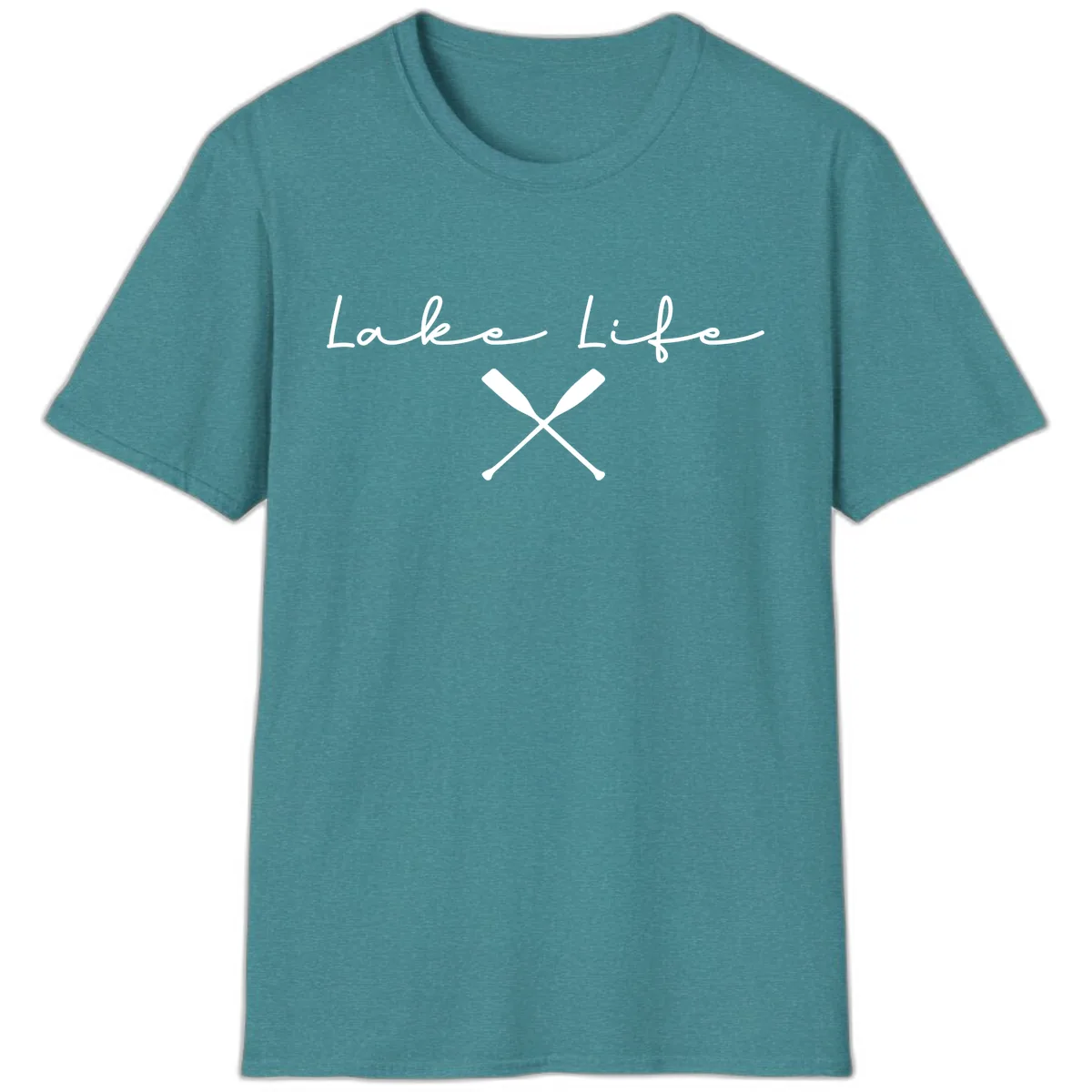 Lake Life With Oars Design T-Shirt in Heather Galapagos Blue