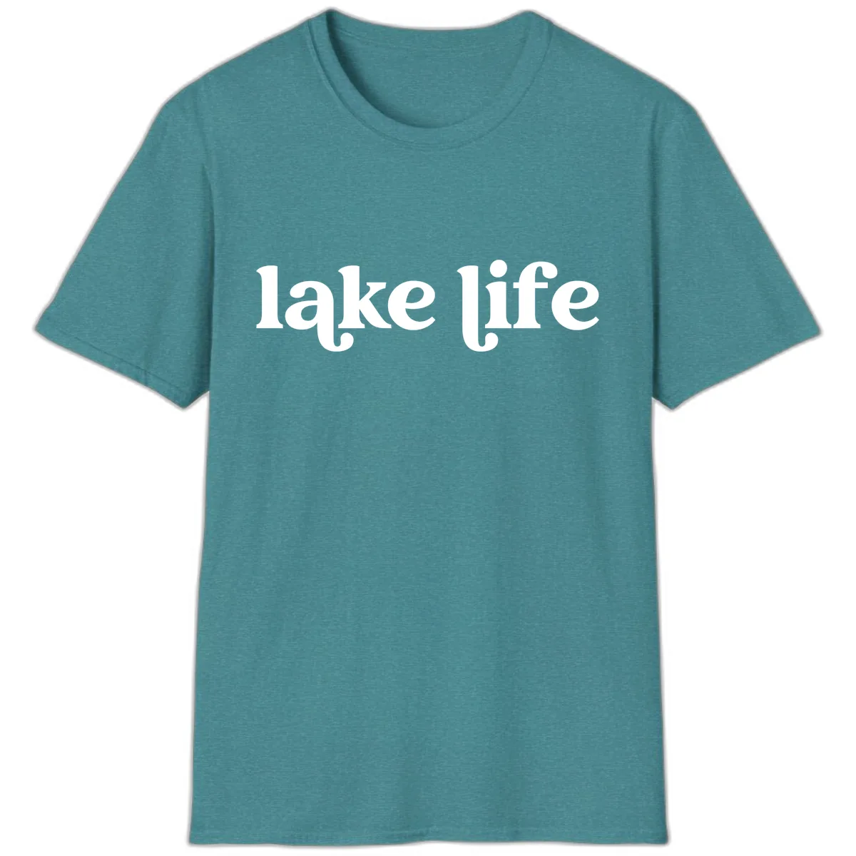 Lake Life Typography Design T-Shirt in Heather Galapagos Blue