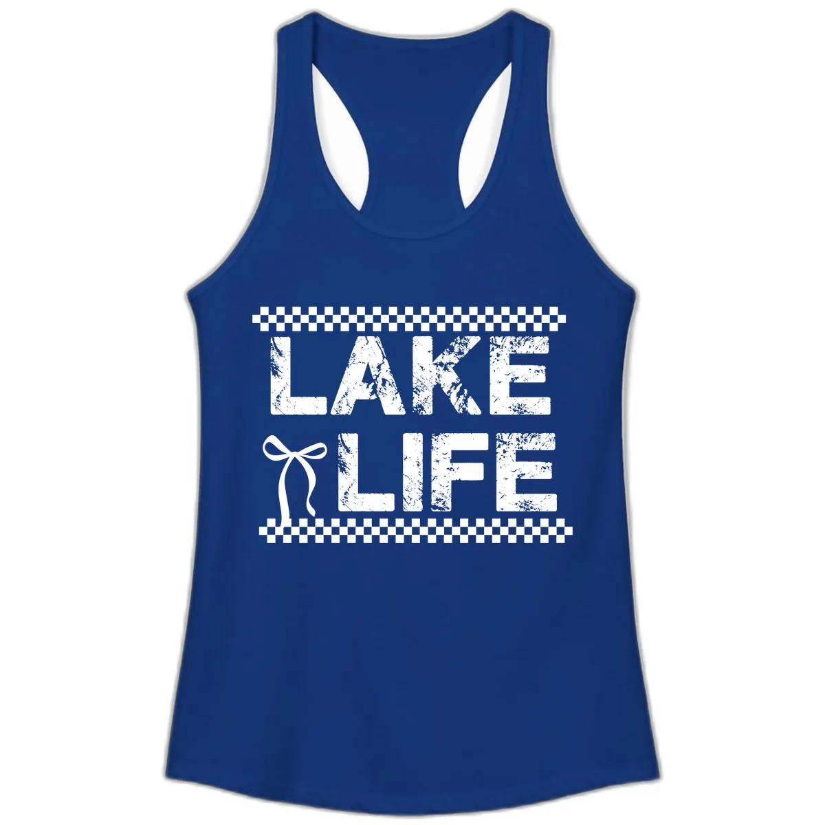 Lake Life With Bow Accent Ladies Tank in Solid Royal