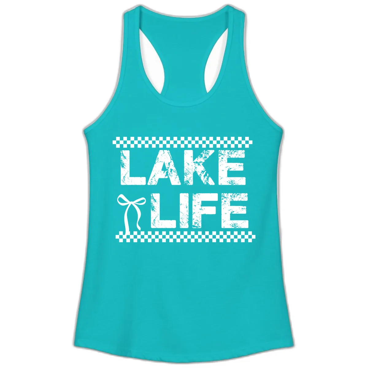 Lake Life With Bow Accent Ladies Tank in Tahiti Blue