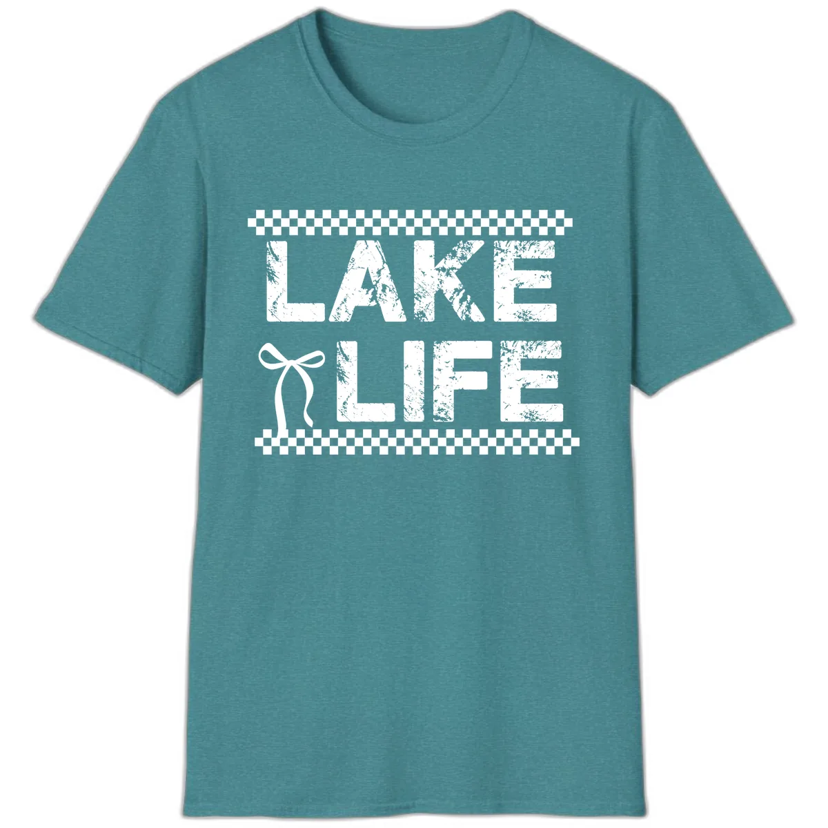 Lake Life With Bow Accent T-Shirt in Heather Galapagos Blue