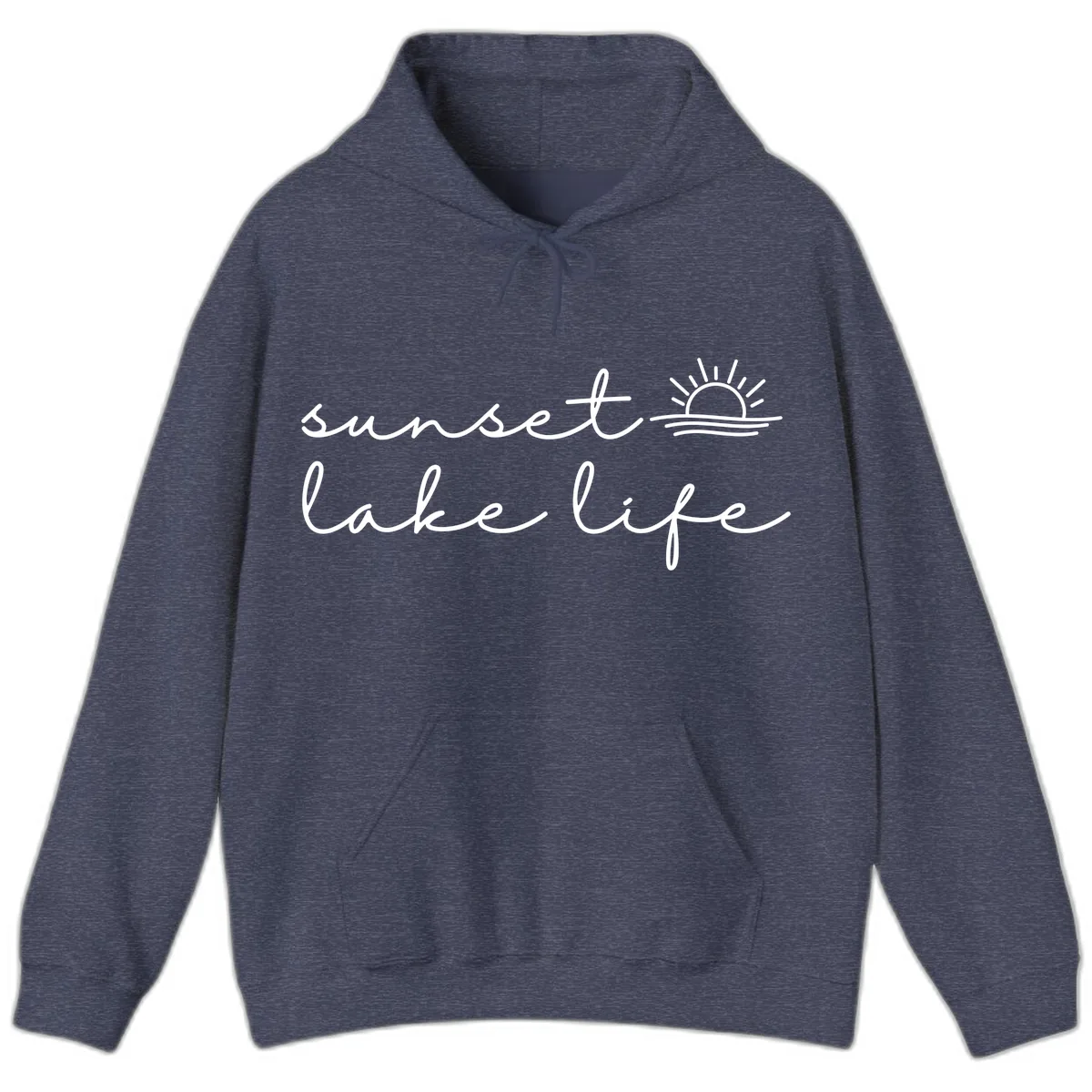 Sunset Lake Life Script Design Hoodie in Heather Sport Dark Navy