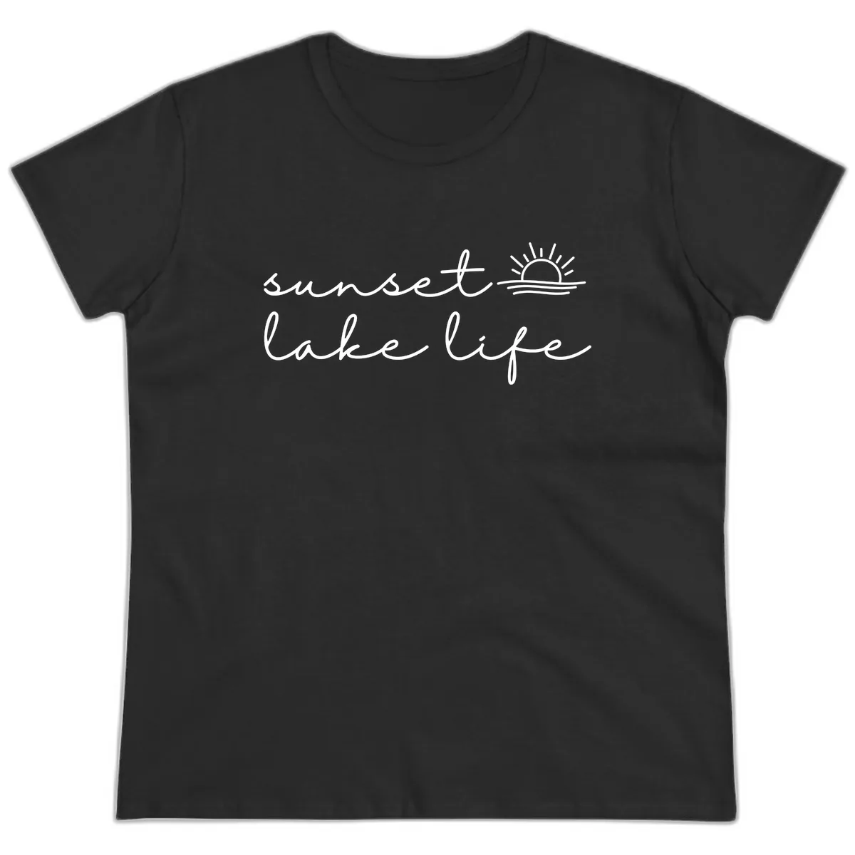 Sunset Lake Life Script Design Ladies Tee in Black