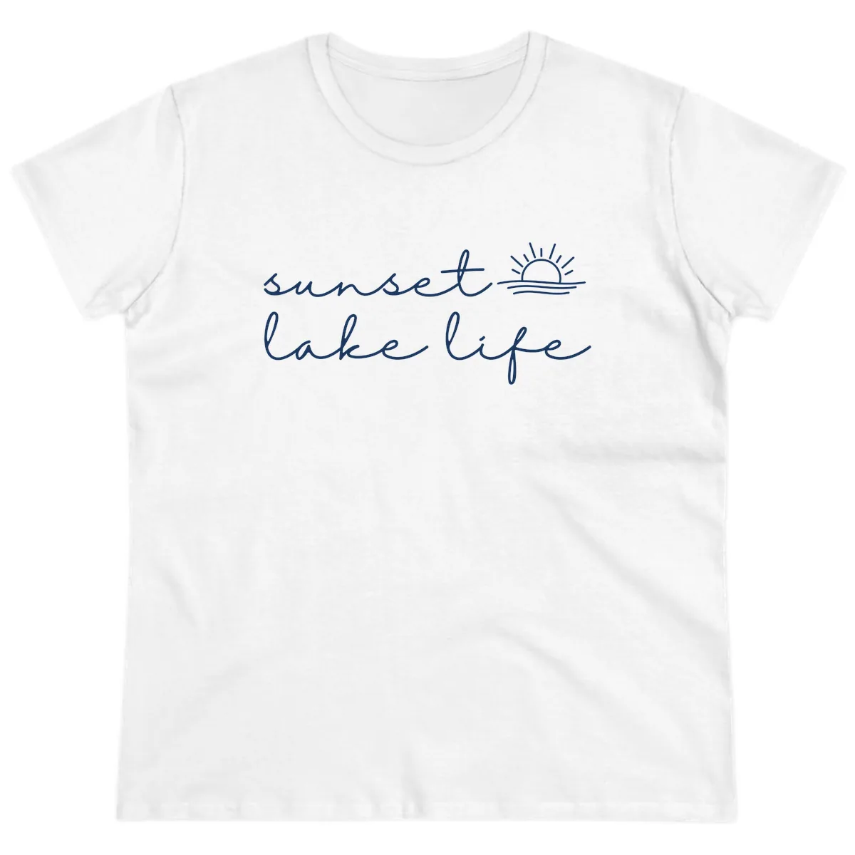 Sunset Lake Life Script Design Ladies Tee in White