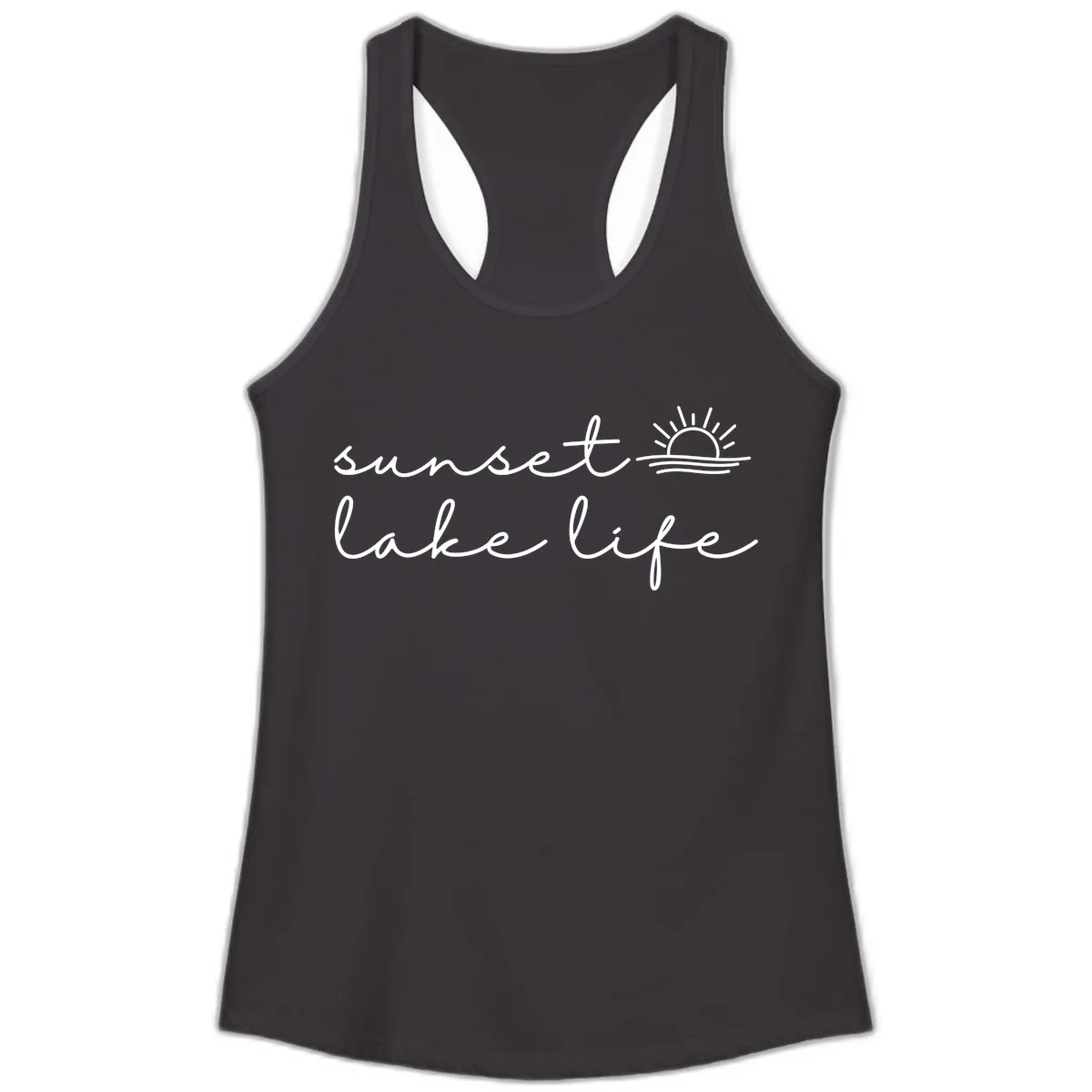 Sunset Lake Life Script Design Ladies Tank in Black