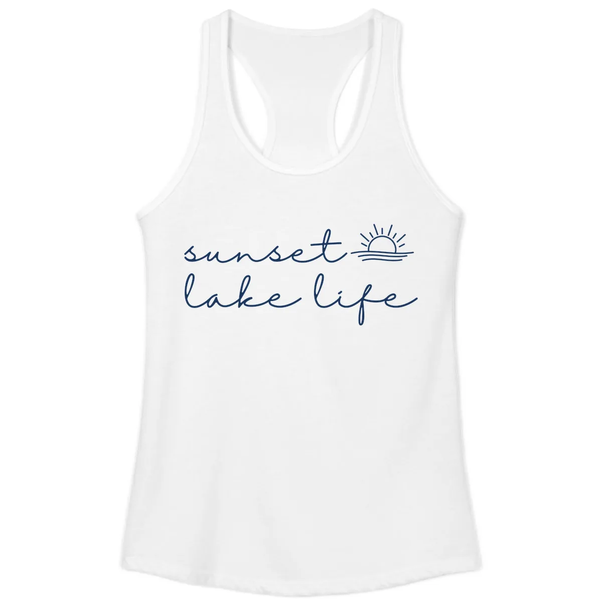Sunset Lake Life Script Design Ladies Tank in White