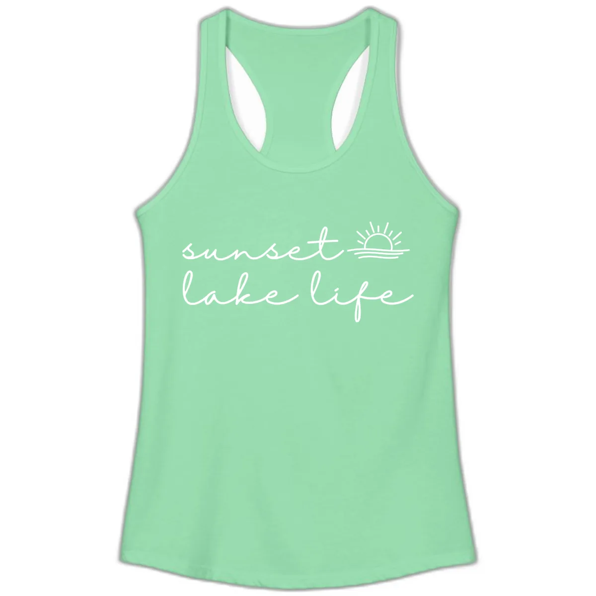 Sunset Lake Life Script Design Ladies Tank in Solid Mint