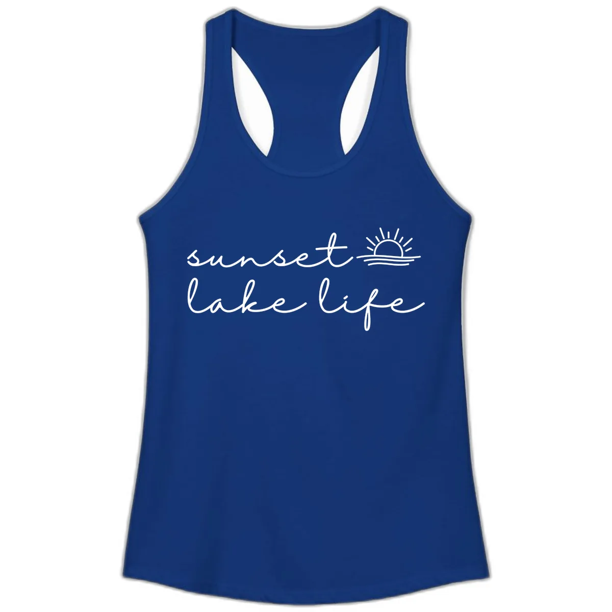 Sunset Lake Life Script Design Ladies Tank in Solid Royal