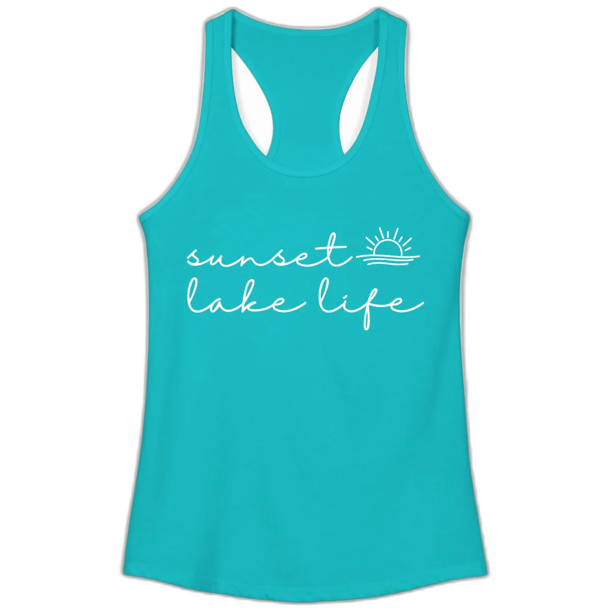 Sunset Lake Life Script Design Ladies Tank in Tahiti Blue