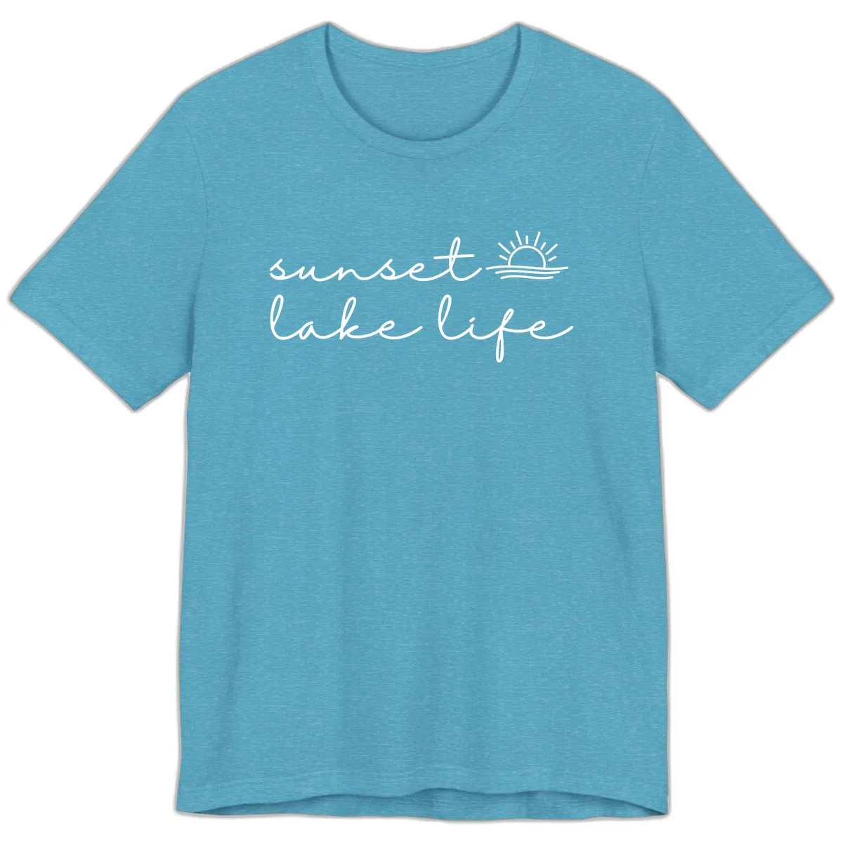 Sunset Lake Life Script Design Premium T-Shirt in Heather Aqua