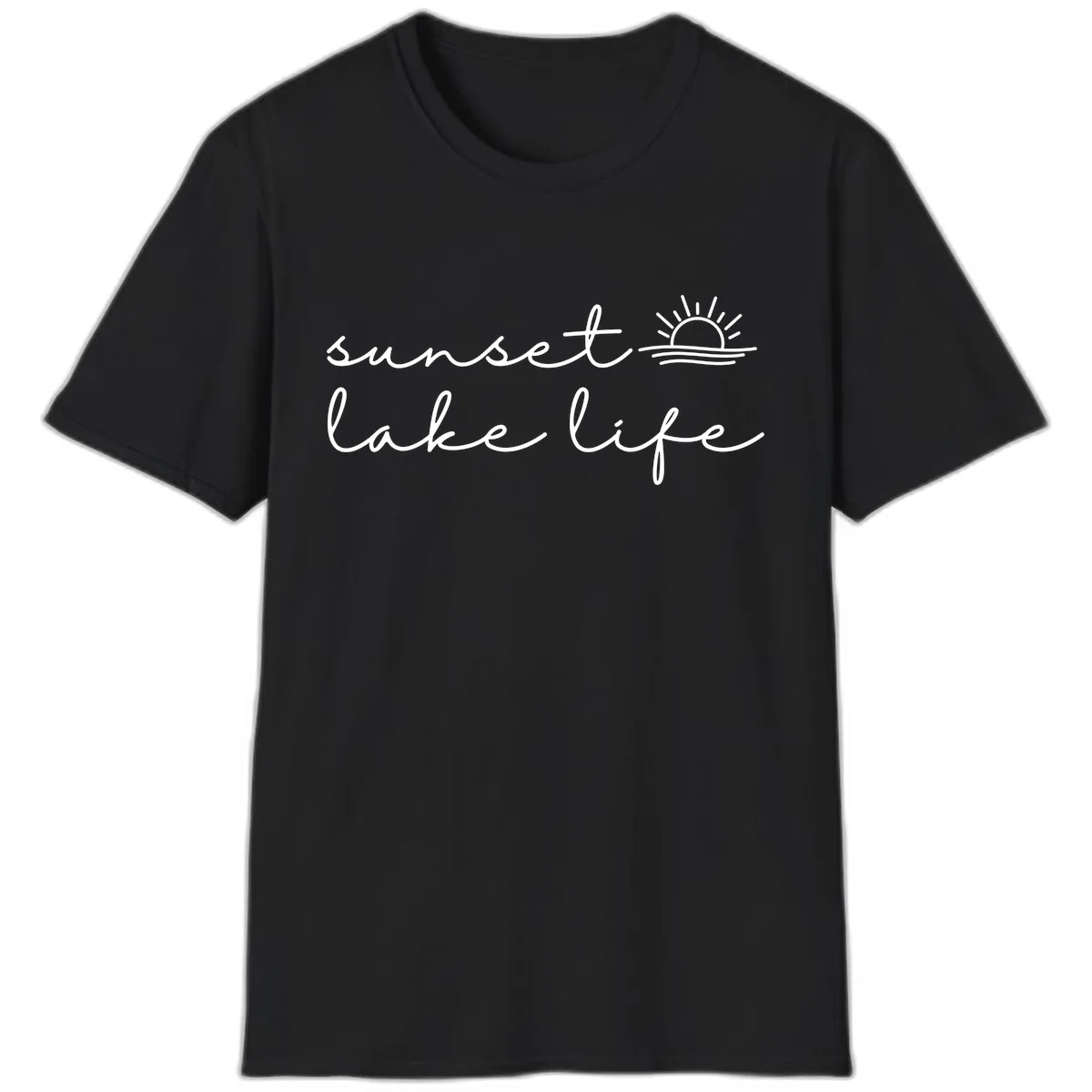 Sunset Lake Life Script Design T-Shirt in Black