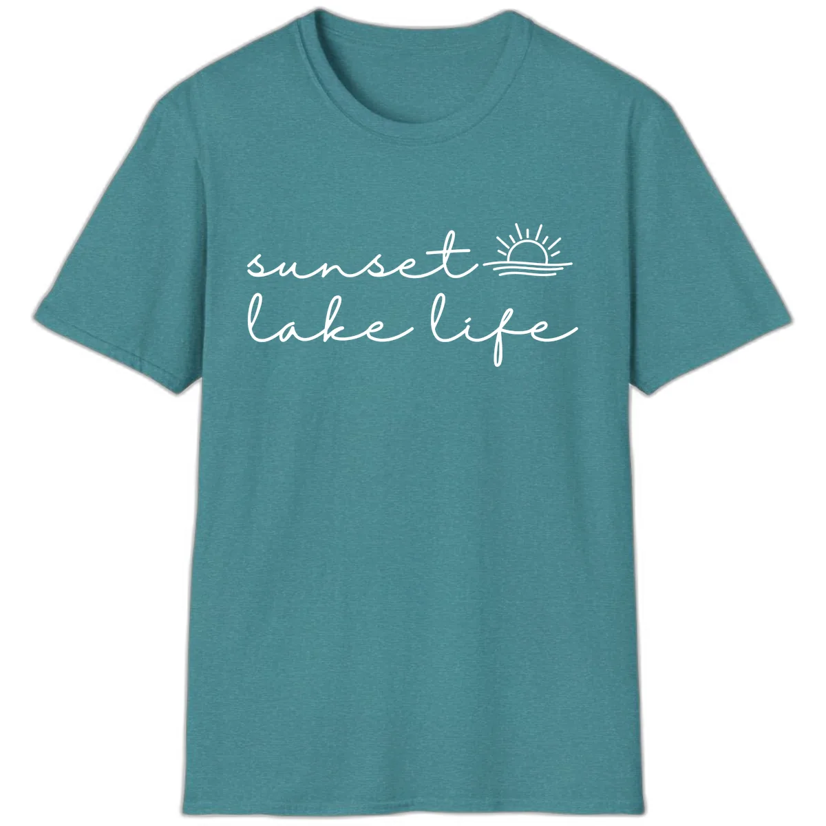 Sunset Lake Life Script Design T-Shirt in Heather Galapagos Blue