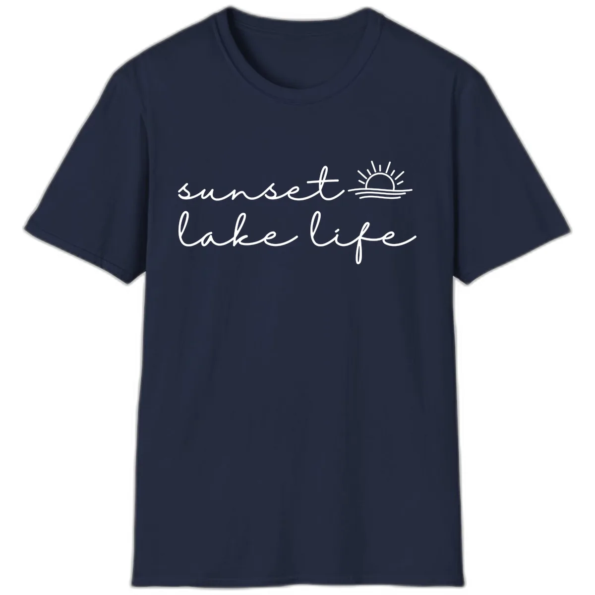 Sunset Lake Life Script Design T-Shirt in Navy