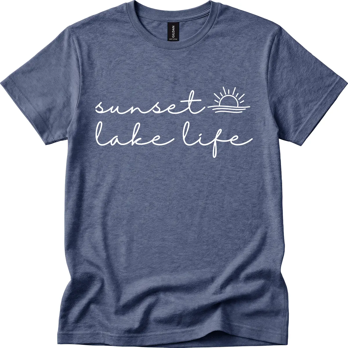 Sunset Lake Life Script Design T-Shirt in Heather Navy