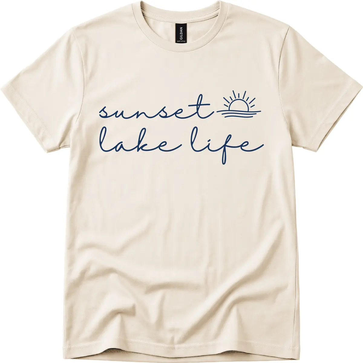 Sunset Lake Life Script Design T-Shirt in Natural