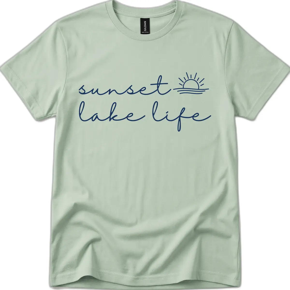 Sunset Lake Life Script Design T-Shirt in Sage
