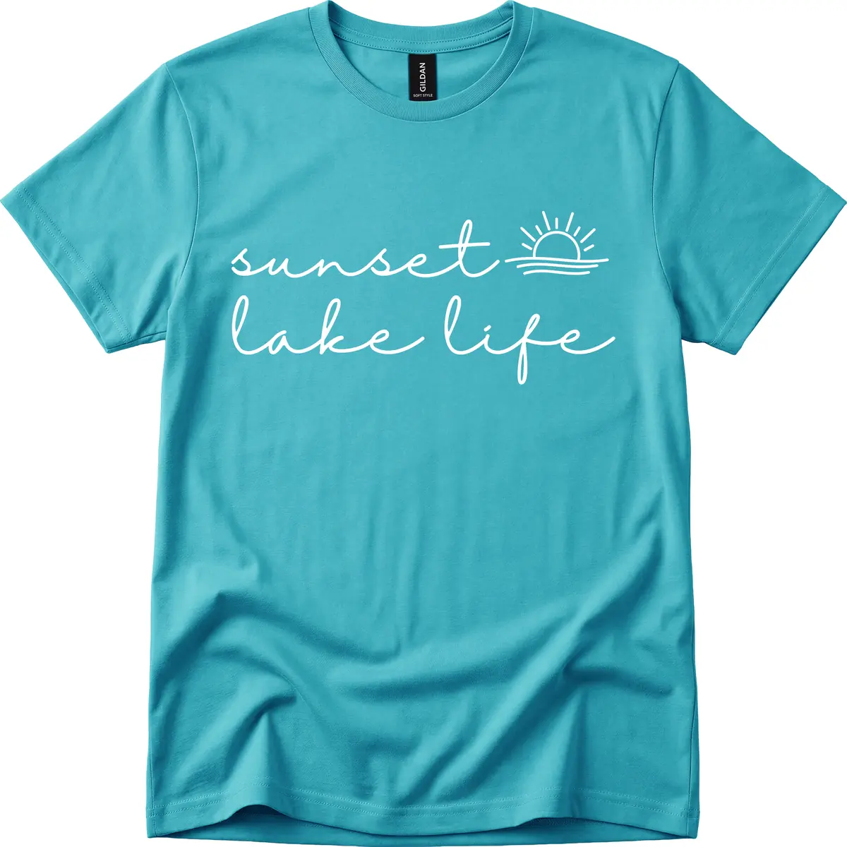 Sunset Lake Life Script Design T-Shirt in Tropical Blue