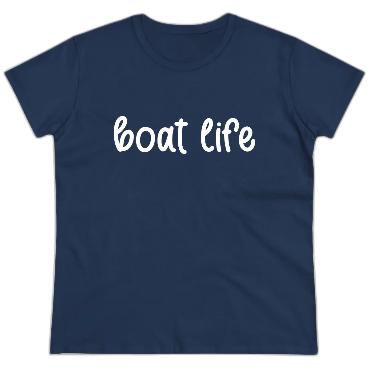 Boat Life Script Design Ladies Tee in Navy