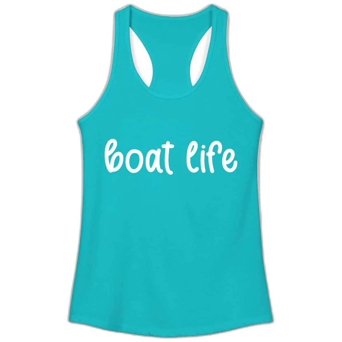 Boat Life Script Design Ladies Tank in Tahiti Blue