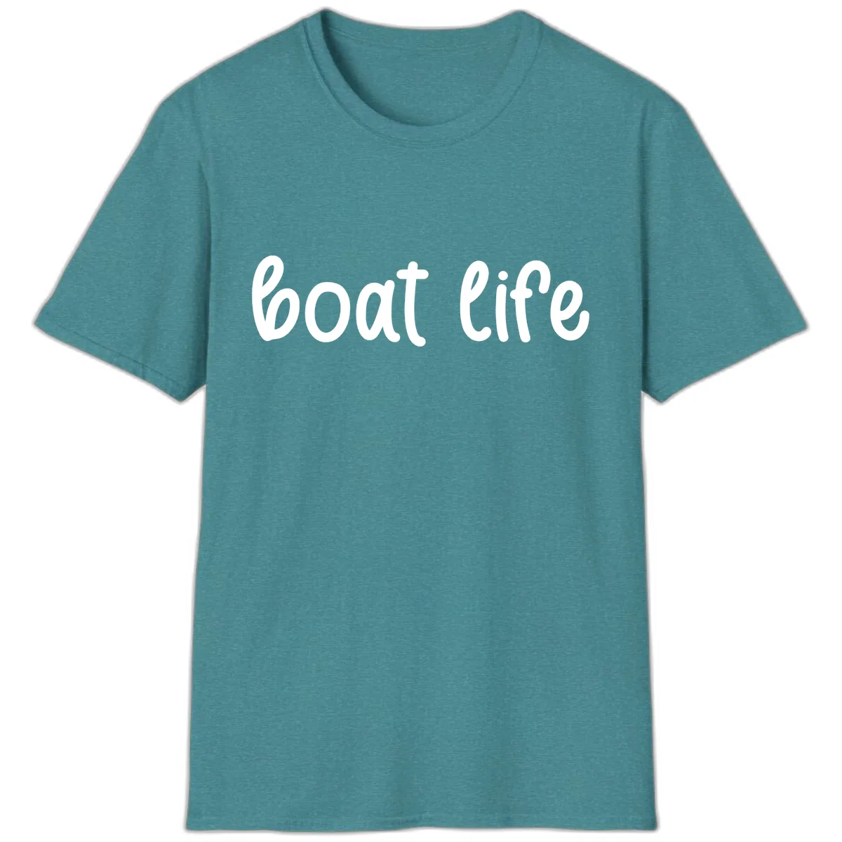 Boat Life Script Design T-Shirt in Heather Galapagos Blue