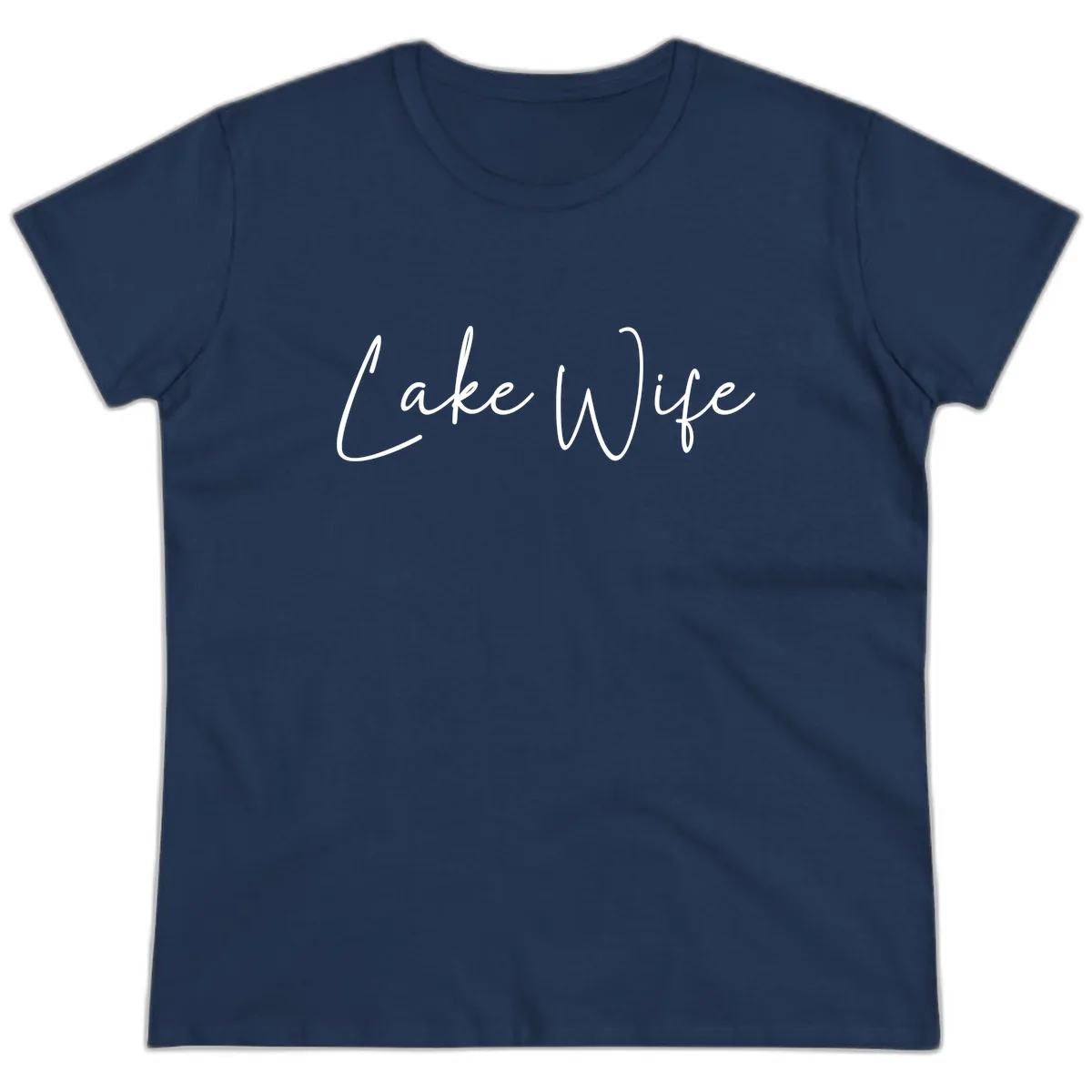 Lake Wife Script Design Ladies Tee in Navy