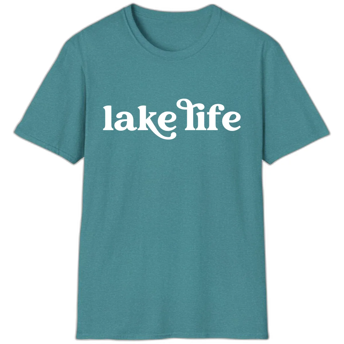 Lake Life Typography Design T-Shirt in Heather Galapagos Blue