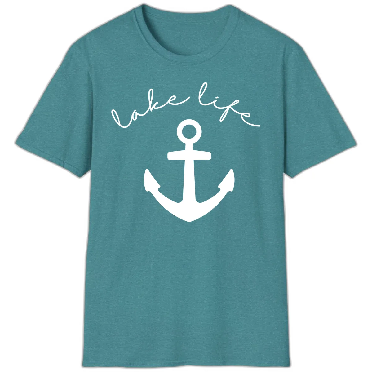 Lake Life Anchor Design T-Shirt in Heather Galapagos Blue